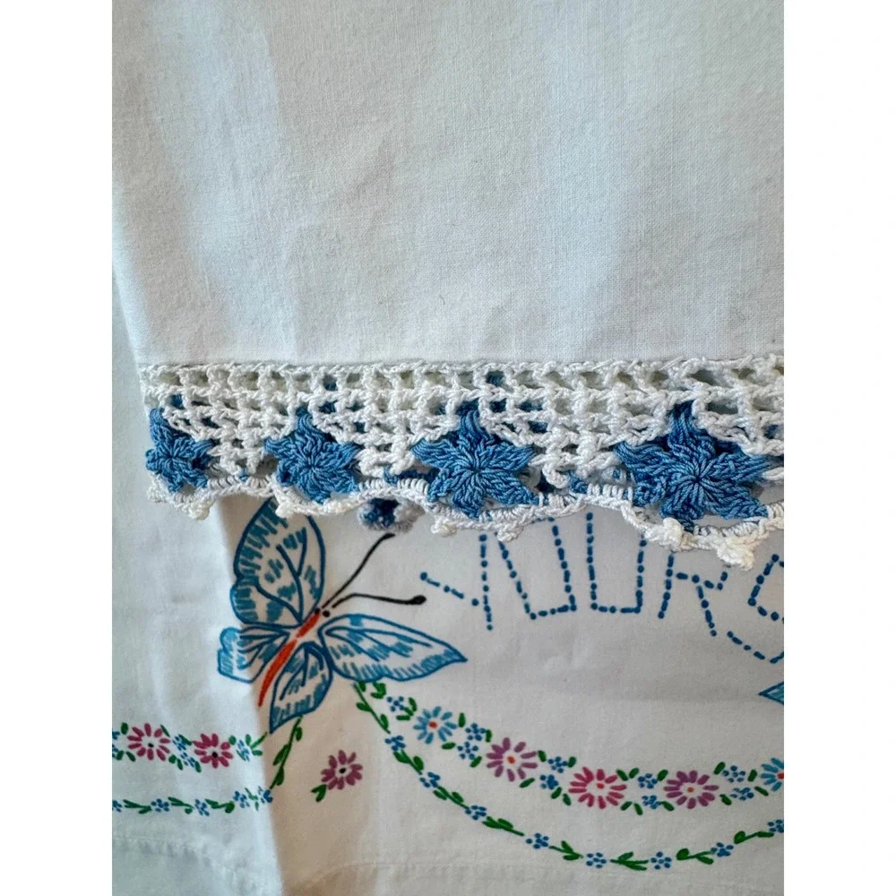 Vintage Mine and Yours Hand Embroidered Pillowcase Set Butterfly Crochet Lace